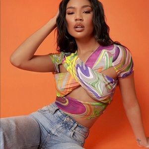 SHEIN Marble Print Crisscross Cutout Mesh Crop Top